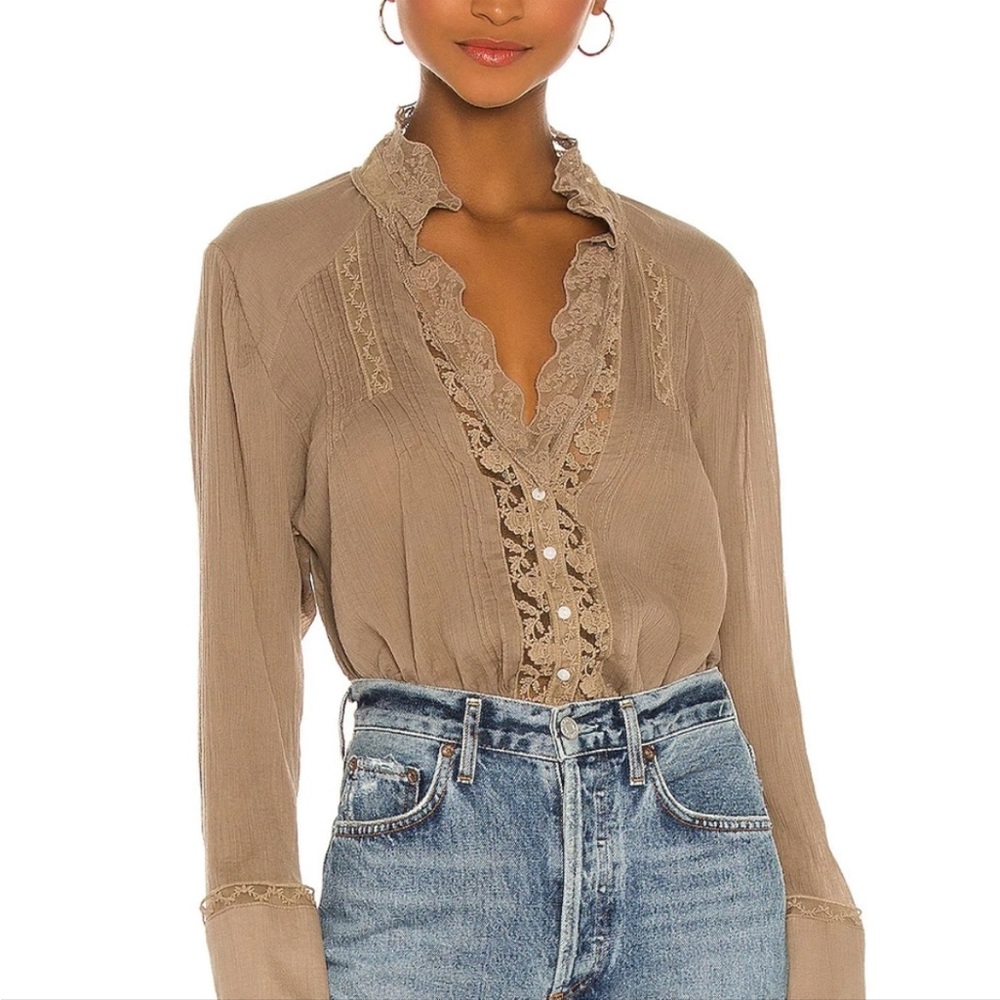 Free People Clemence Boho Lace Pintuck Button Blouse M